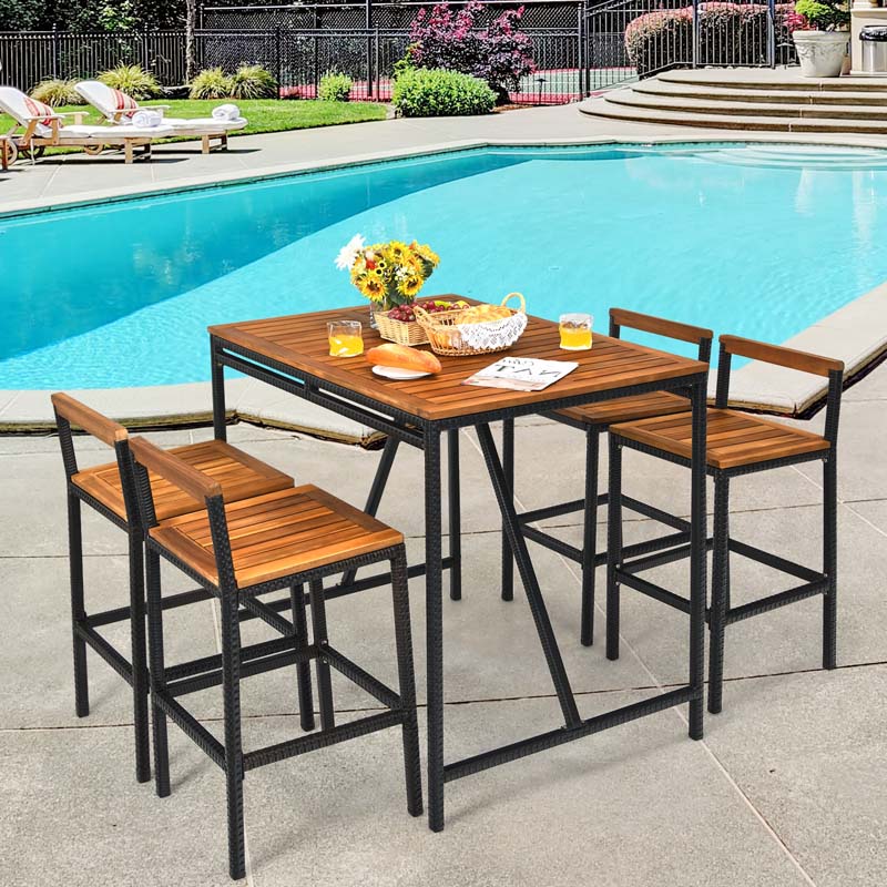 5 Pcs Acacia Wood Rattan Wicker Outdoor Patio Bar Set Dining Table Set with 1.9