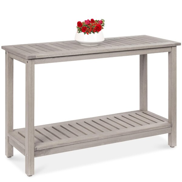 48in 2Shelf Eucalyptus Wooden Console Table Indoor Outdoor Multifunctional Buffet Bar Storage Organizer w/Foot Sliders