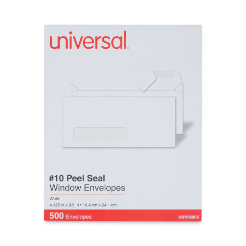 Universal Peel Seal Strip Business Envelope， Address Window， #10， Square Flap， Self-Adhesive Closure， 4.13 x 9.5， White， 500/Box (36005)