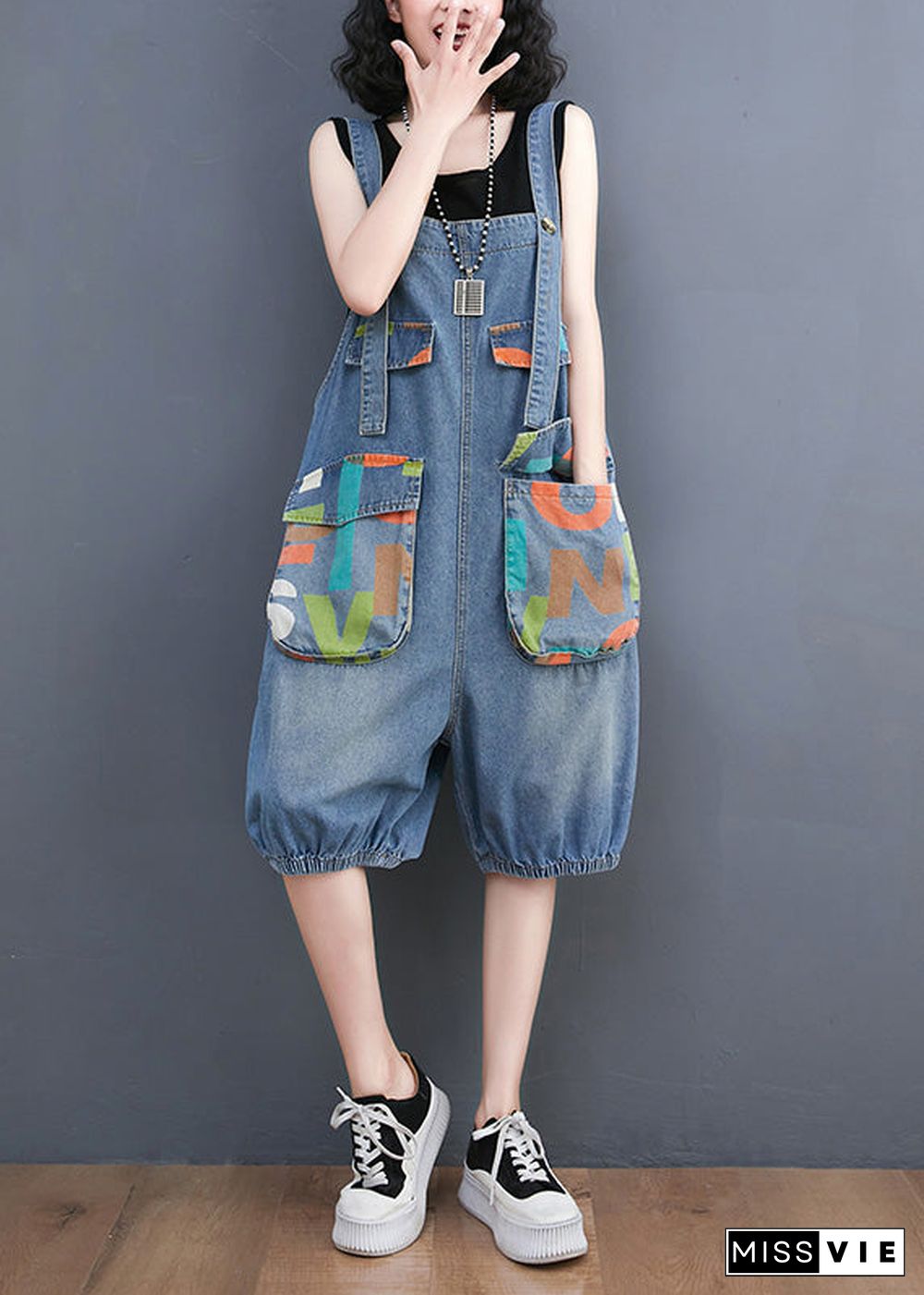 Bohemian Light Blue Slash Neck Print Button Denim Jumpsuit Summer