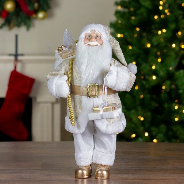 18 Gold and White Standing Santa Christmas Figure with Presents