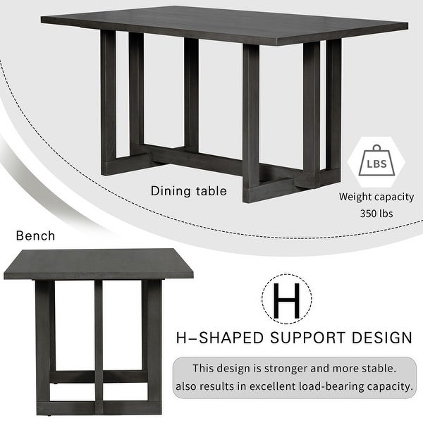 Wooden six-piece dining table H-shaped support design Dining table four chairs upholstered one wooden stool