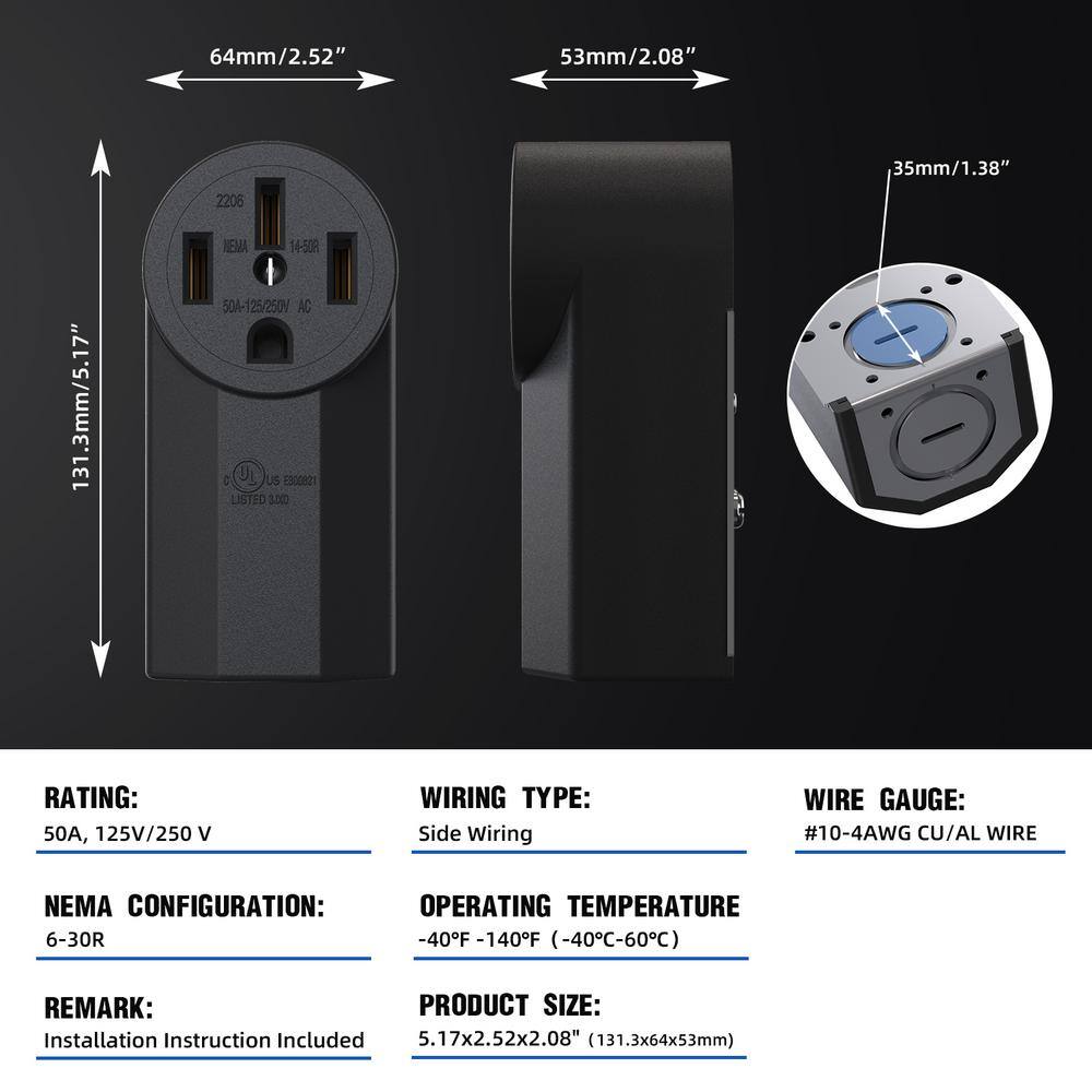 ELEGRP 50 Amp 125250V NEMA 14-50R Surface Mount Power Outlet Single Straight Blade Range  Dryer Outlet Grounding Black 2206