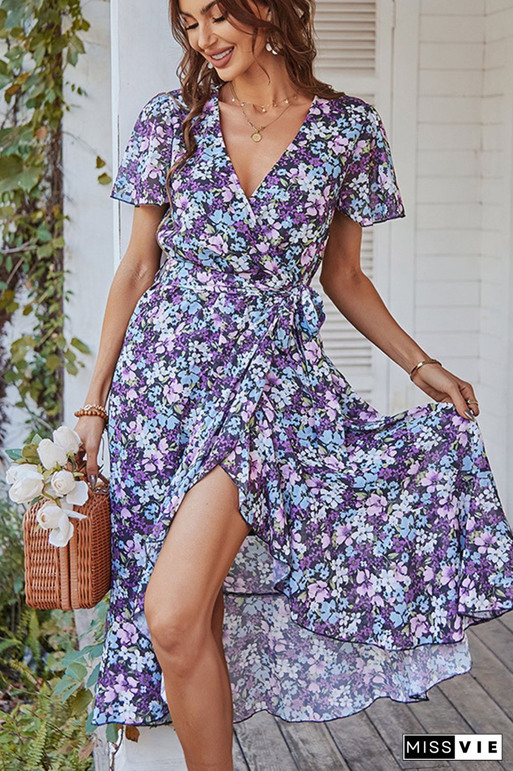 Floral Print V-neck Tie Waist Dress Wholesale