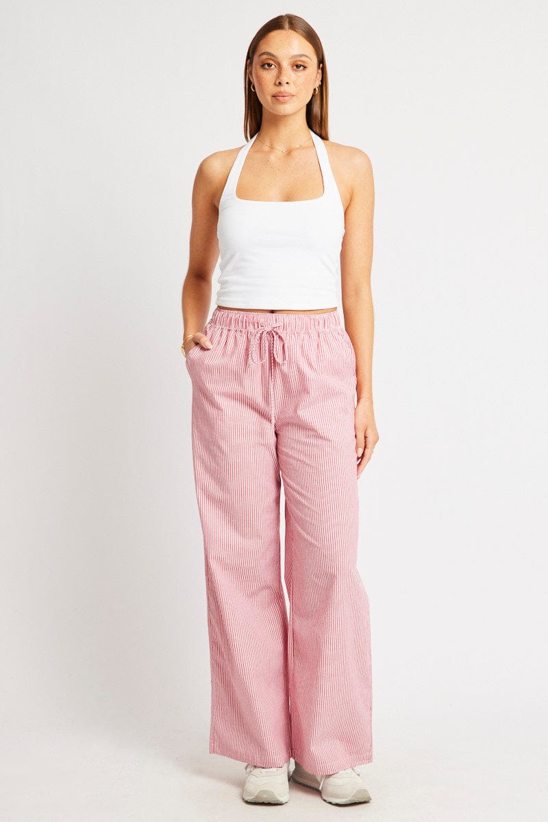 Red Stripe Wide Leg Pants High Rise