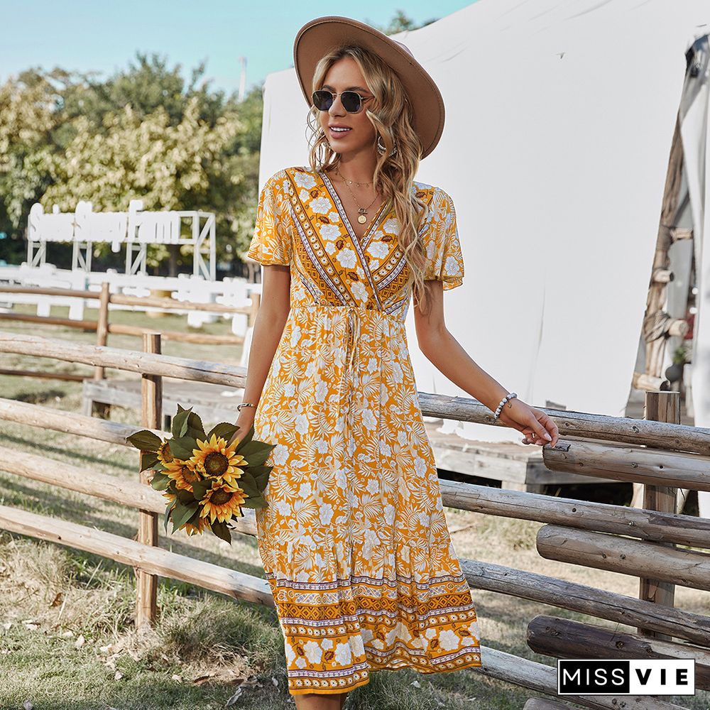 Elegant Casual Vacation Beach Dress Women Summer Dresses NEW V-neck Short Sleeve High Waist Midi A-line Floral Print Dress