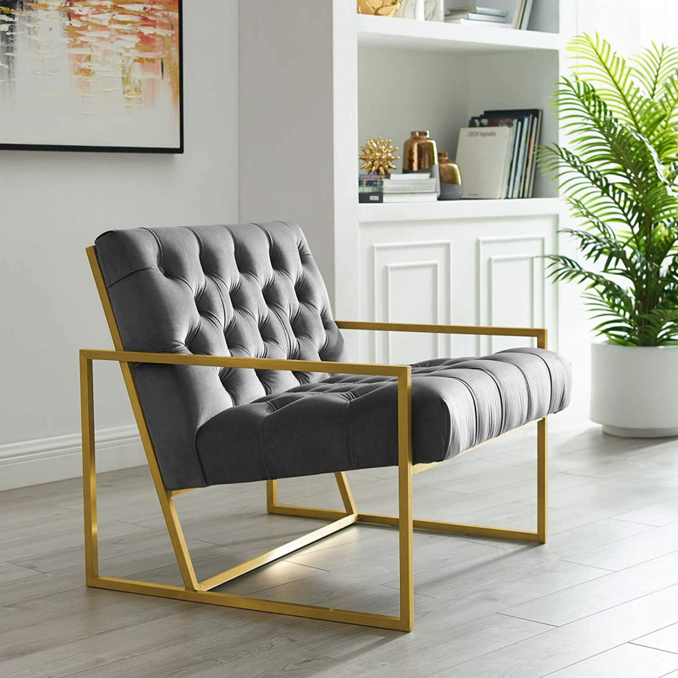 Modern Accent Chair  Gold Stainless Steel Frame With Velvet Button Tufting  Gray   Traditional   Armchairs And Accent Chairs   by Declusia  Houzz