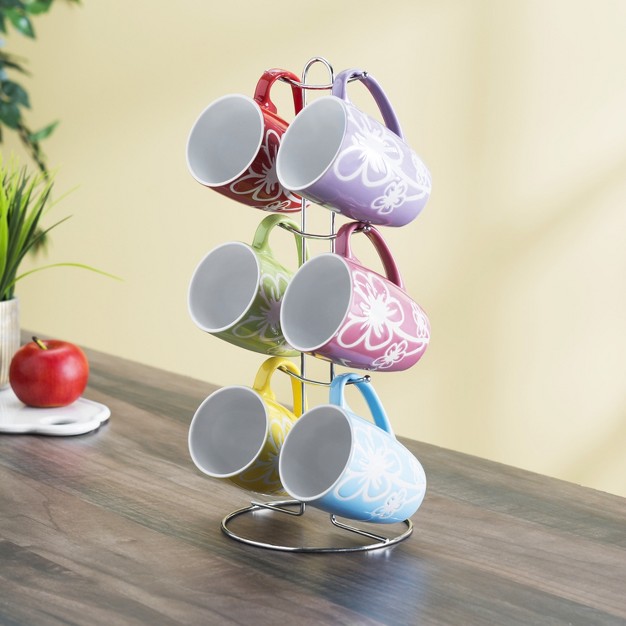 Home Basics 6 Piece Daisy Mug Set With Stand Multi color