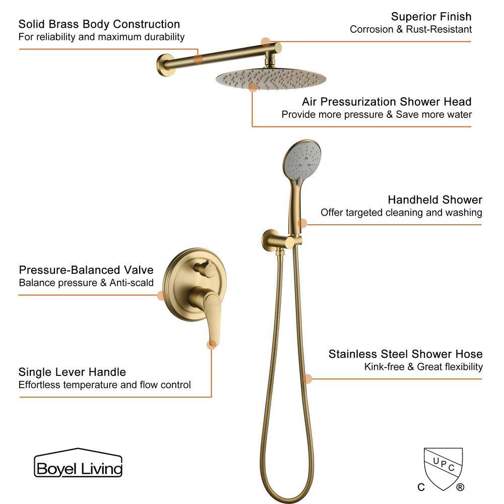 Boyel Living 5-Spray Patterns with 3.2 GPM 10 in. Wall Mount Dual Shower Heads with Rough-In Valve Body and Trim in Brushed Gold SMD-88040BG-10