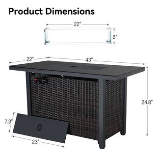 Afoxsos 43 in. W x 22 in. D x 25 in. H Outdoor 50000 BTU Rattan and Metal Propane Fire Pit Table with Glass Wind Guard Lid HDMX1749