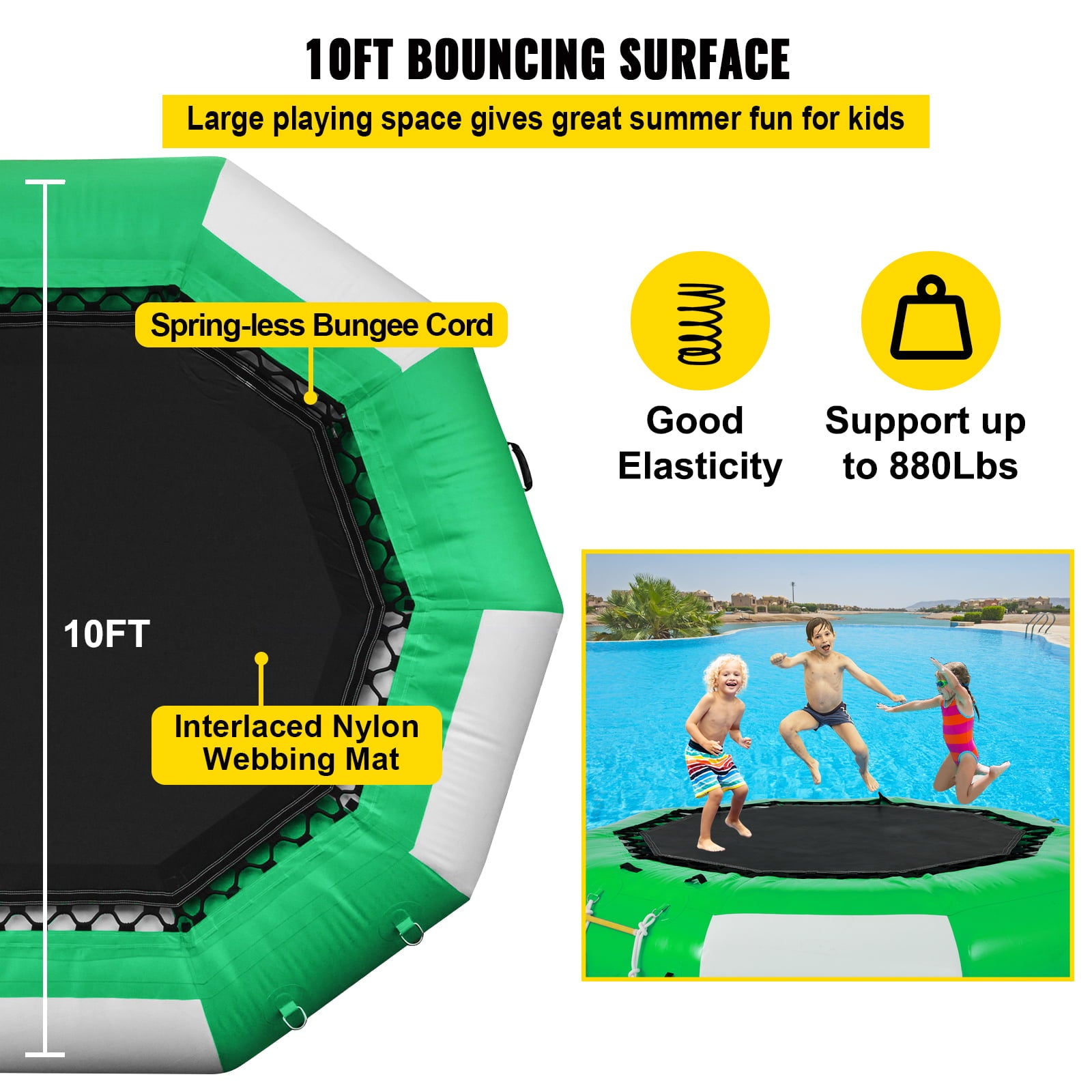 VEVORbrand Inflatable Water Trampoline 10ft ， Round Inflatable Water Bouncer with Yellow Slide and 4-Step Ladder， Water Trampoline in Green and White for Water Sports