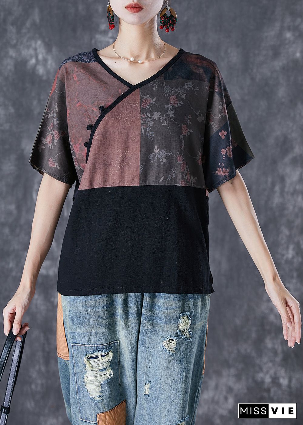 Fitted Black Patchwork Oversized Linen Shirt Top Summer