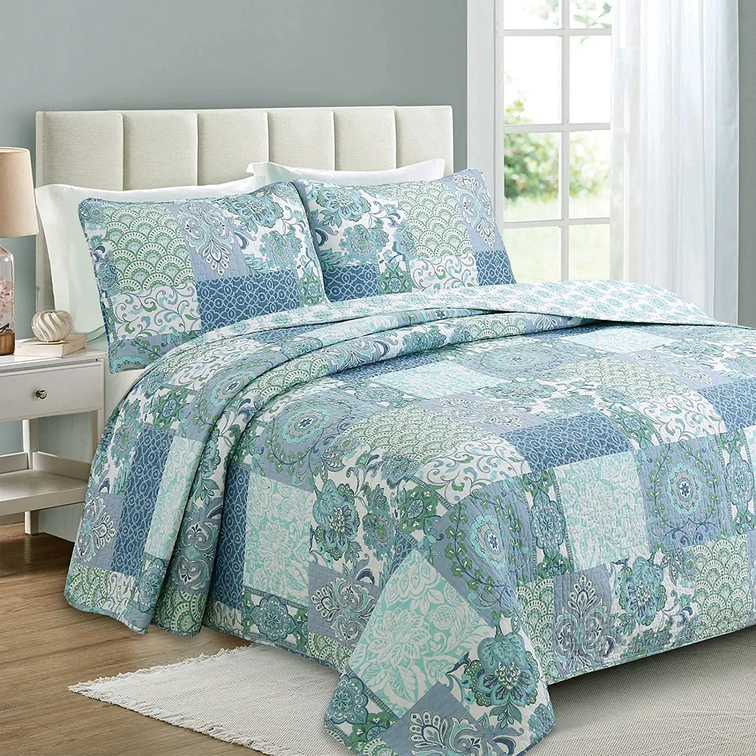 Cozy Line Home Fashions Windfall Blue Green Floral 3-Piece 100% Cotton Quilt Bedding Set， King