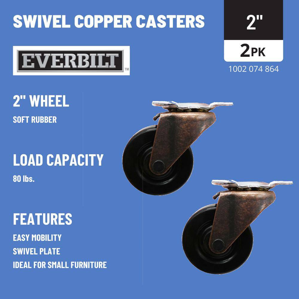 Everbilt 2 in. Black Soft Rubber and Copper Swivel Plate Caster with 80 lb. Load Rating (2-Pack) 49346