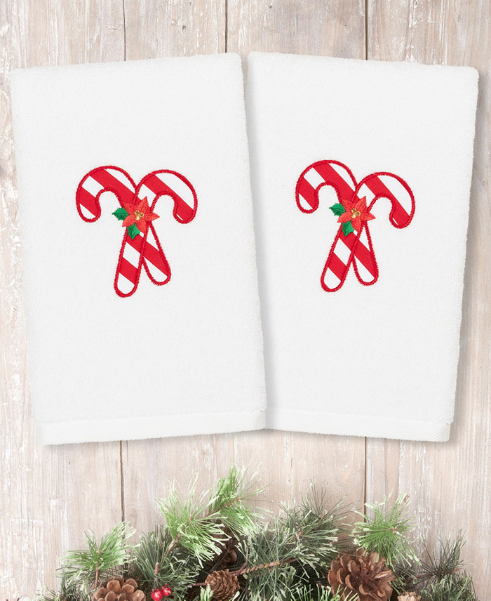 Linum Home Christmas Candy Canes Embroidered 100% Turkish Cotton Hand Towels