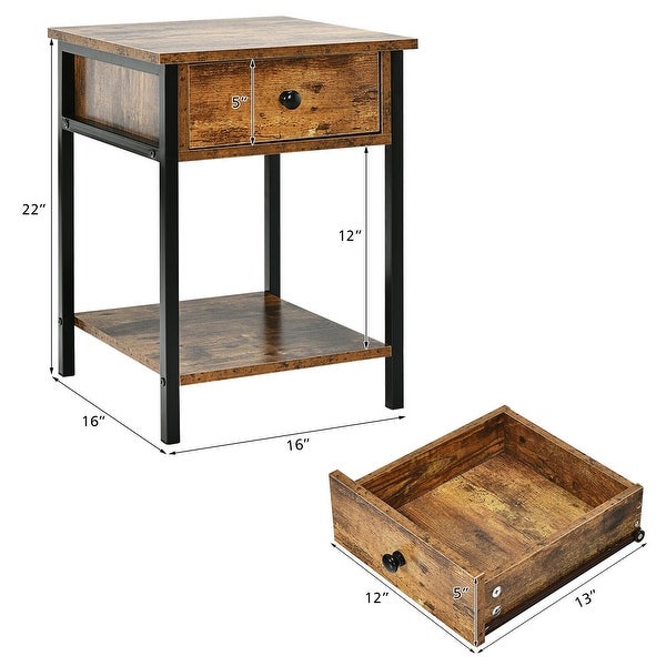 Industrial End Side Table Nightstand with Drawer Shelf - 16'' x 16'' x 22'' (L x W x H)