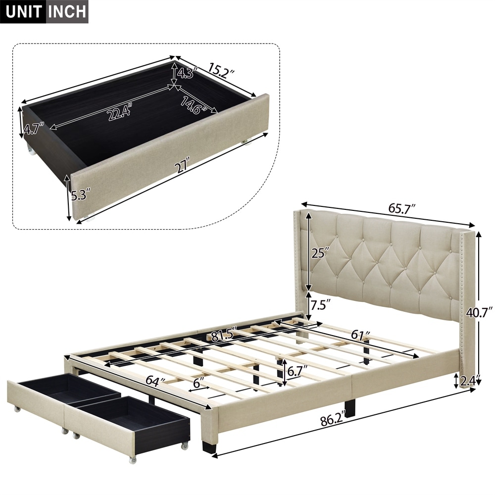 Queen Size Storage Bed Linen Upholstered Platform Bed with Two Drawers