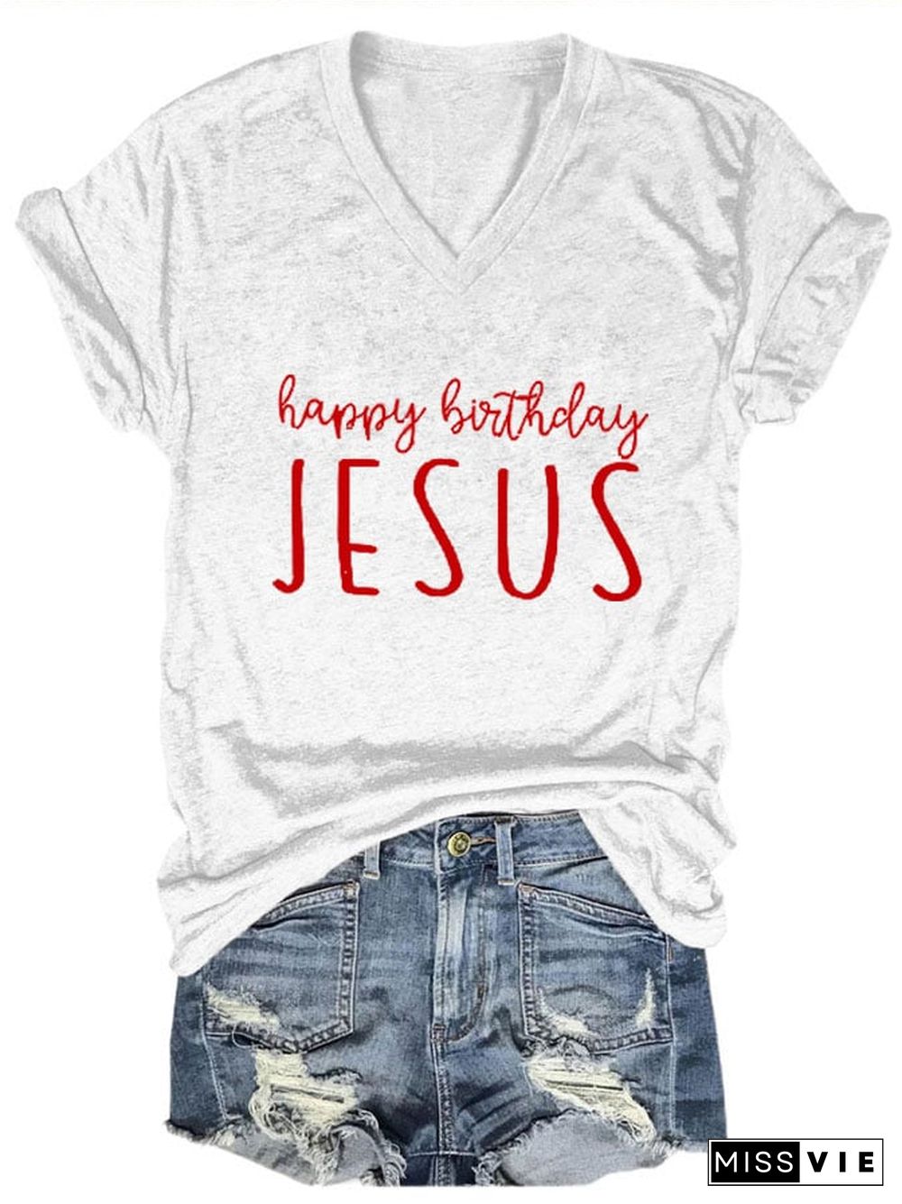 Women's Happy Birthday Jesus Printed Short Sleeve T-Shirt