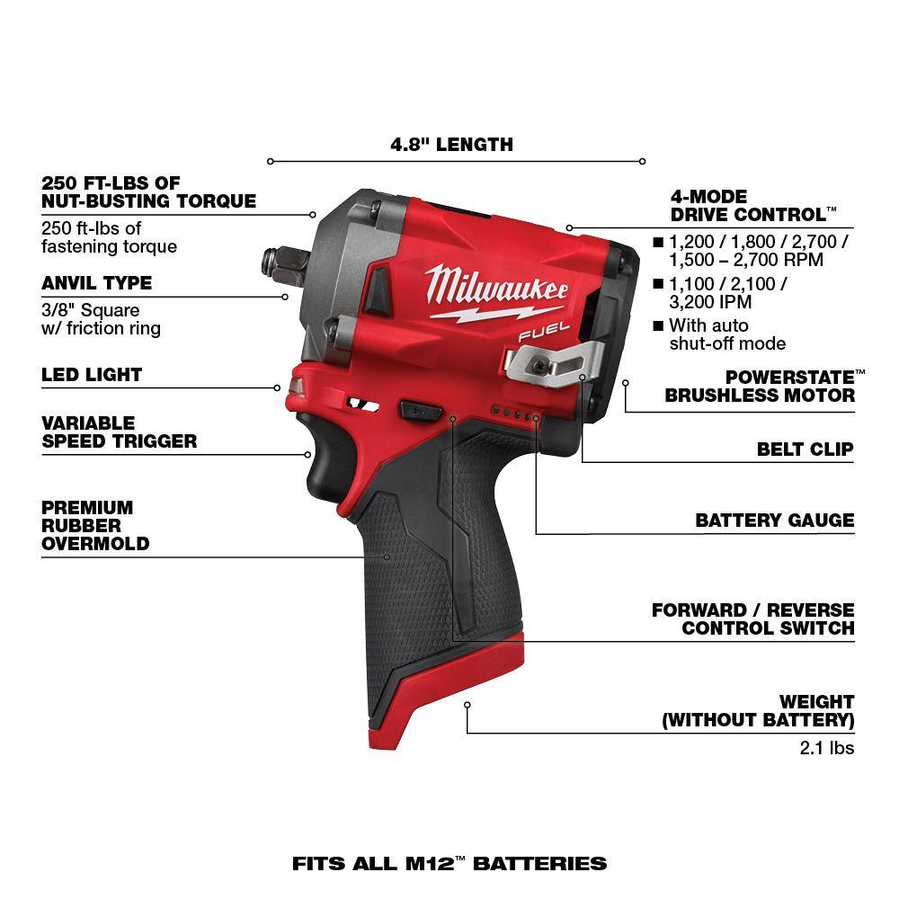 MW M12 FUEL 12V Lithium-Ion Brushless Cordless Stubby 38 in. Impact Wrench  38 in. Ratchet with two 3.0 Ah Batteries 2554-20-2557-20-48-11-2412