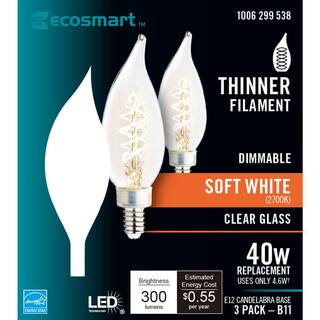 EcoSmart 40-Watt Equivalent BA11 Dimmable Candelabra E12 Fine Bendy Filament LED Vintage Edison Light Bulb Soft White (3-Pack) BA11C5E12827S