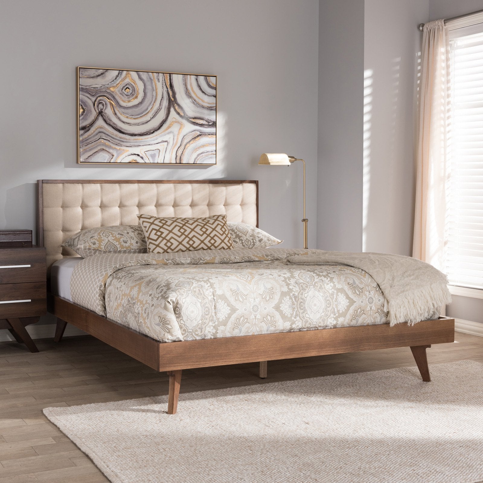 Baxton Studio Soloman Mid-Century Modern Light Beige Fabric and Walnut Brown Finished Wood Platform Bed, King