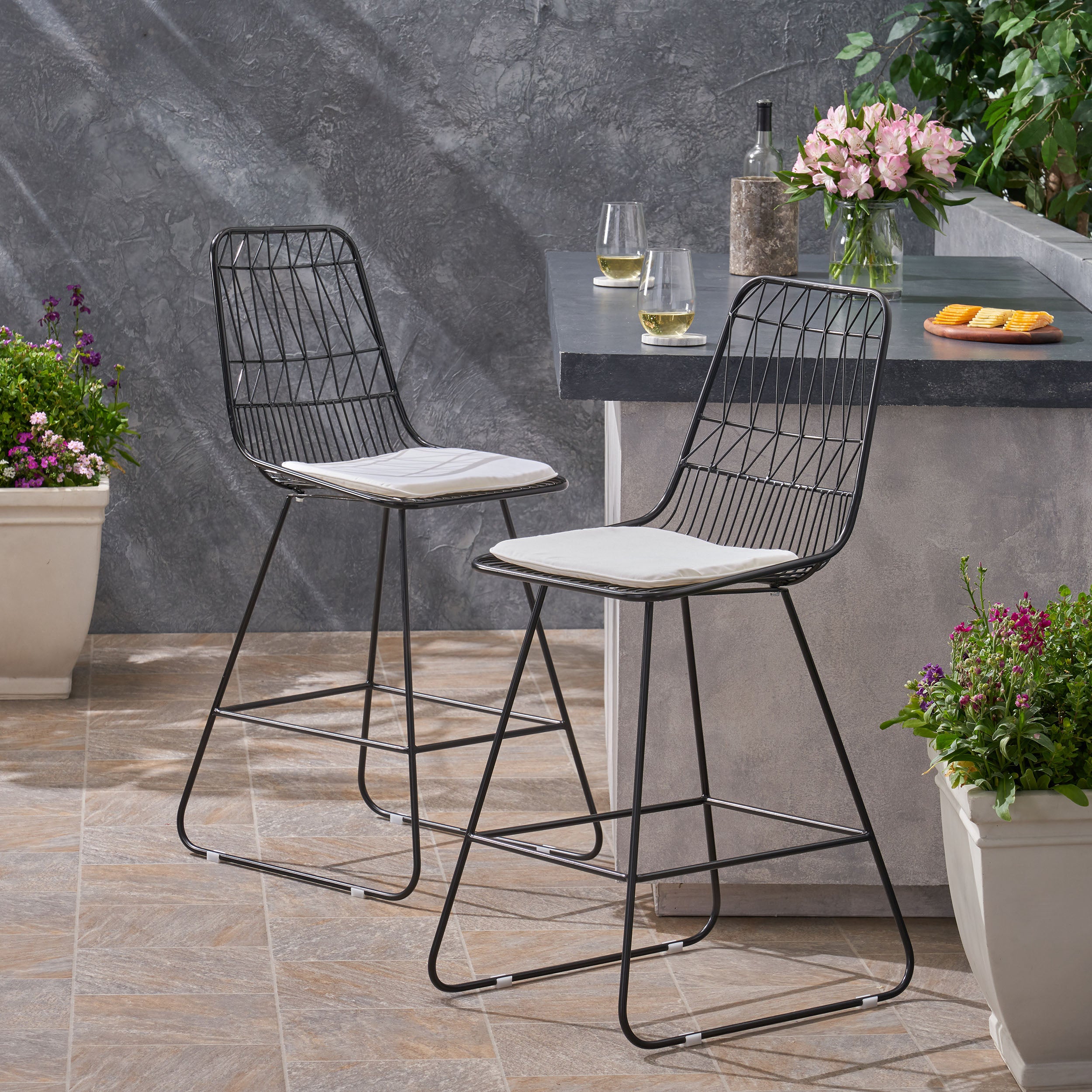 Hedy Outdoor Wire Counter Stools with Cushions (Set of 2)