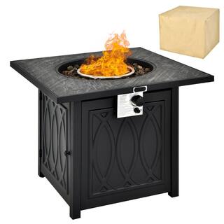 Costway 50000 BTU Propane 32 in. Stone Metal Fire Pit Table Square Tabletop with Lava Rocks Cover NP10464US-BK