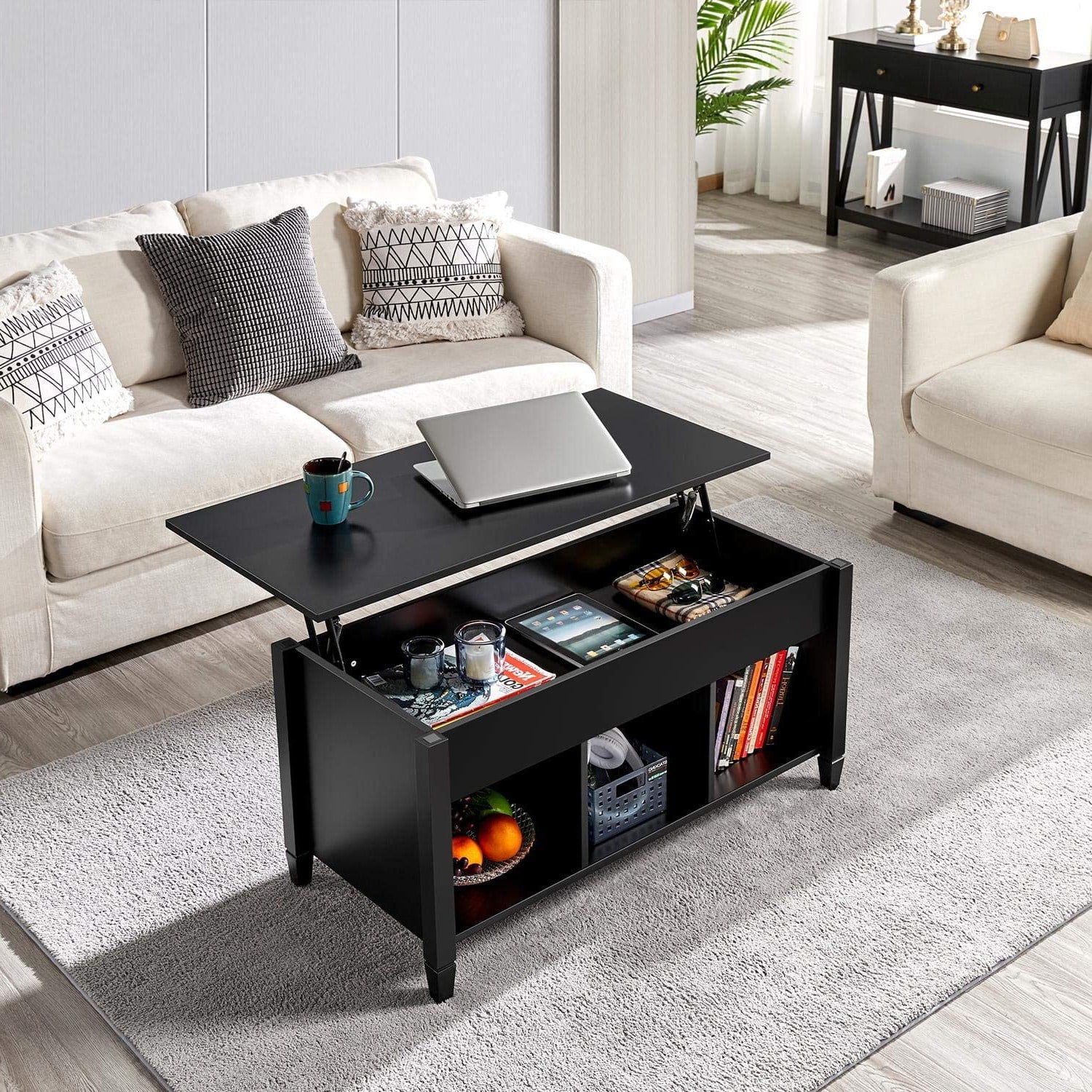 Zimtown Lift Up Top Coffee Table with Hidden Compartment End Rectangle Table Storage Space Living Room Furniture (Black)