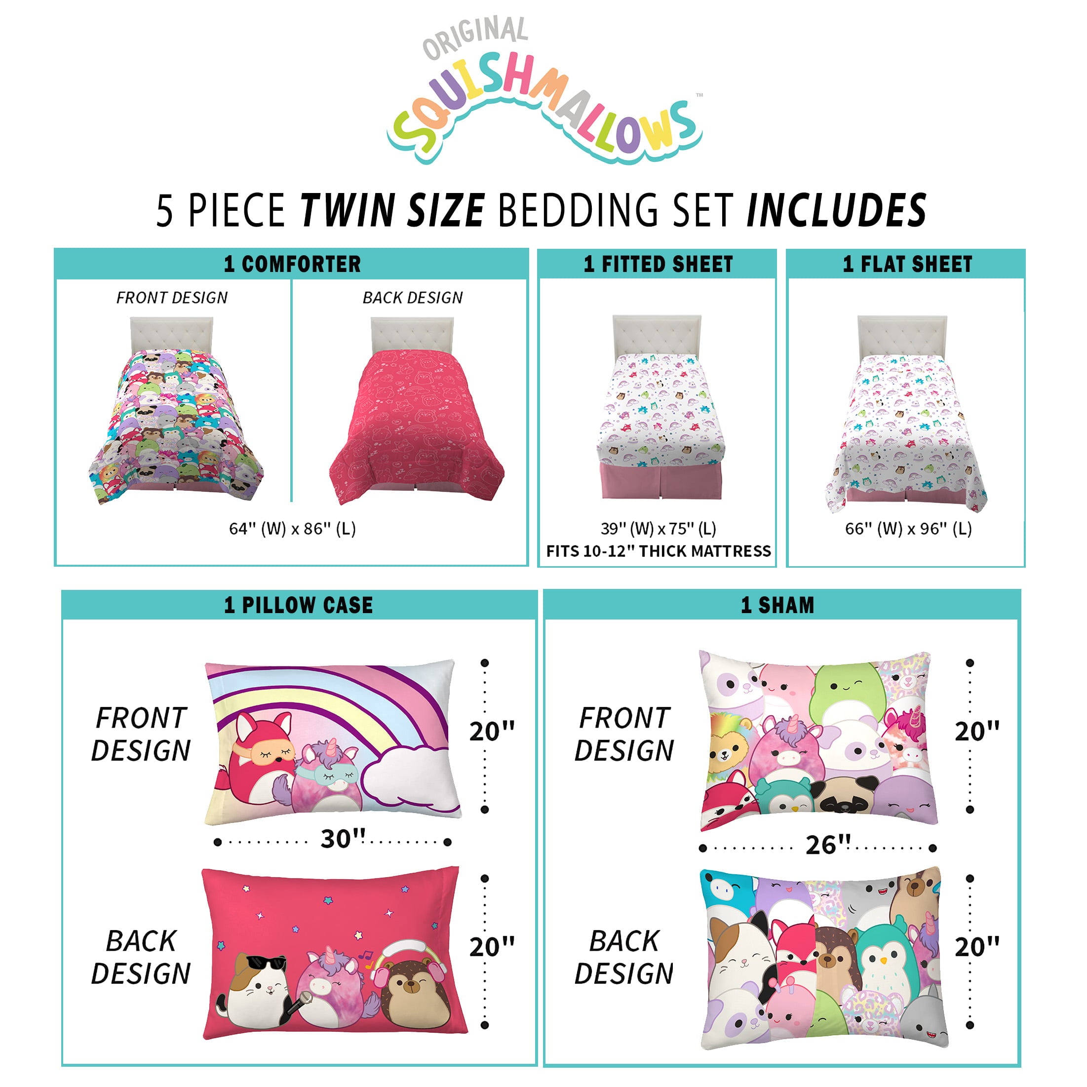 Squishmallows Kids Twin Bed in a Bag, Comforter and Sheets, Multicolor