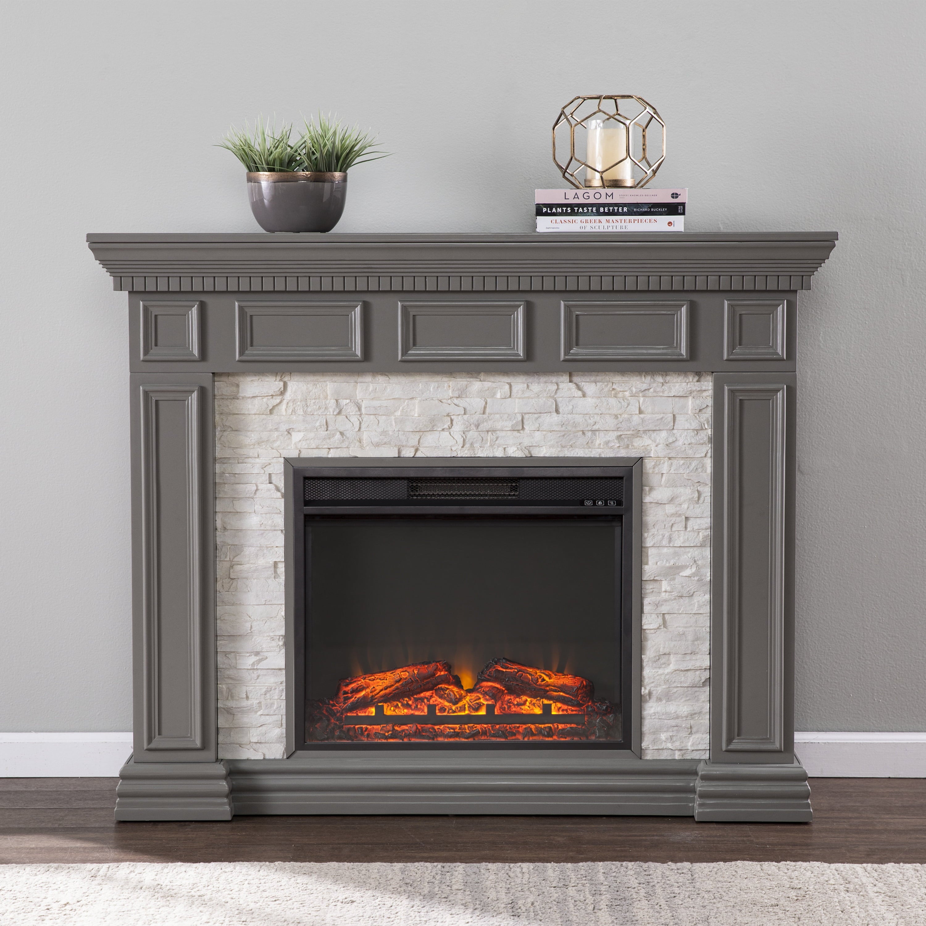 Sei Dazairee Traditional style Faux Stone Electric Fireplace in Gray W/ gray faux stone finish