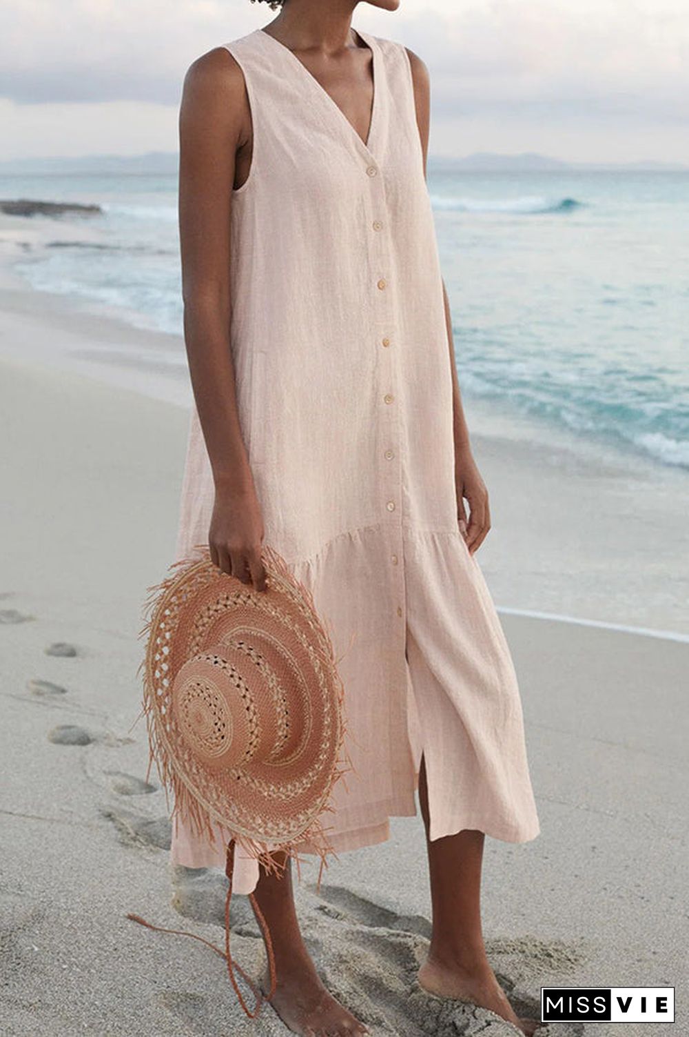 V Neck Button Sleeveless Maxi Dress