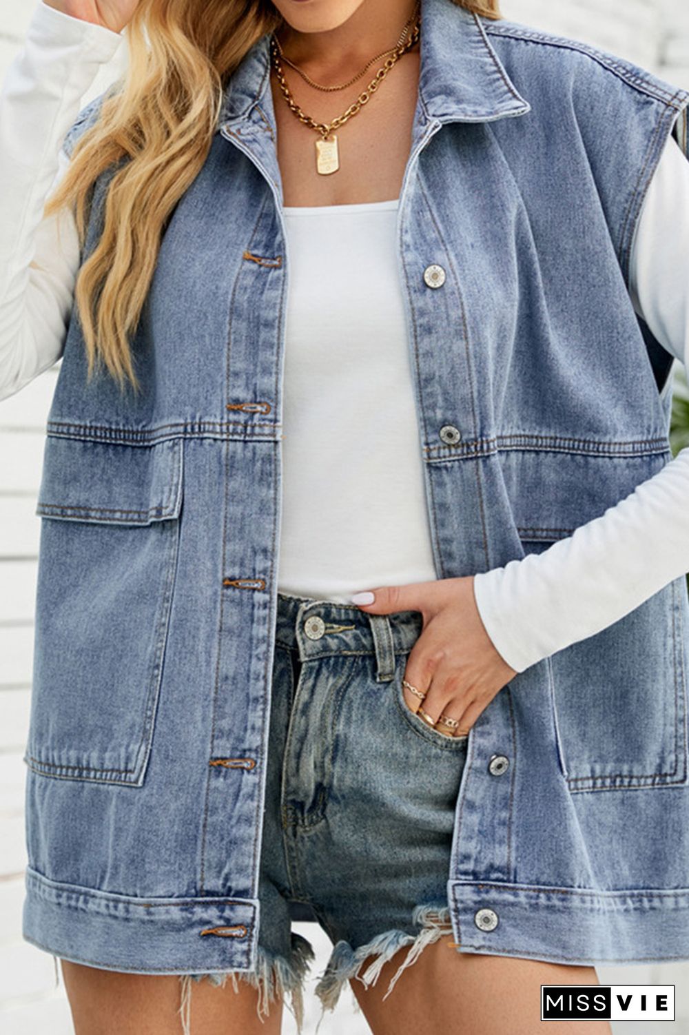 Open Front Pockets Sleeveless Denim Jacket