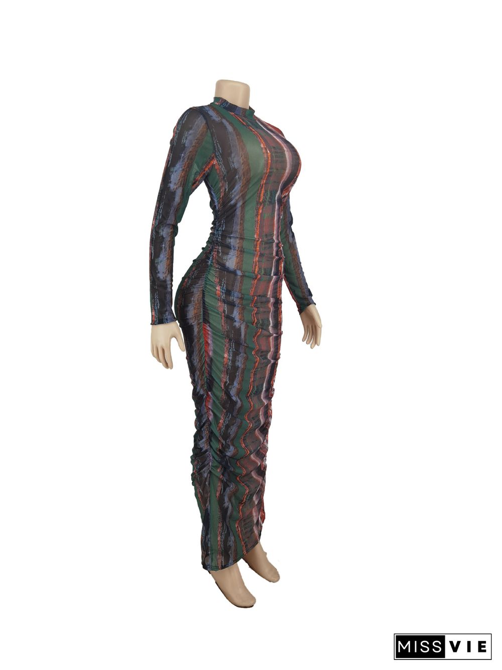 Mesh Tie Dye Print Long Sleeve Skinny Ruched Dresses