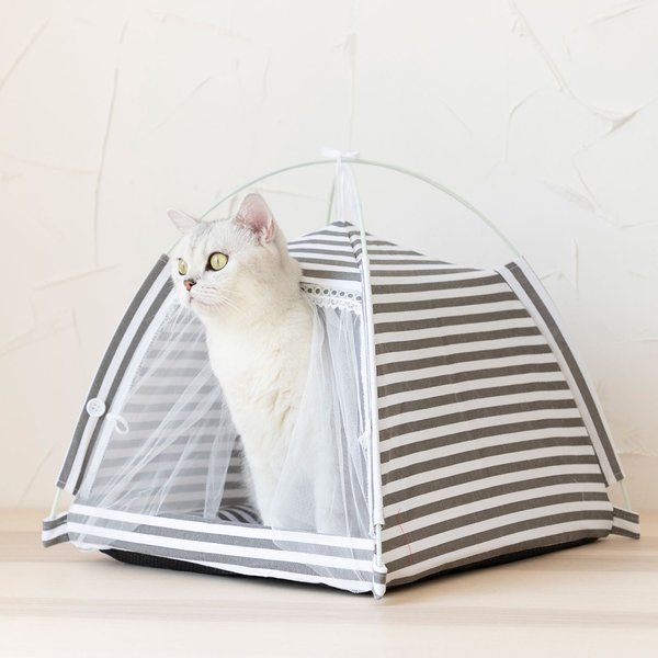 Lovely Caves Stripe Dog and Cat Tent， Gray， Medium