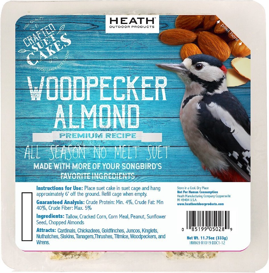 Heath Bird's Crafted Suet Cakes Woodpecker Almond Wild Bird Food， 11.75-oz， case of 12