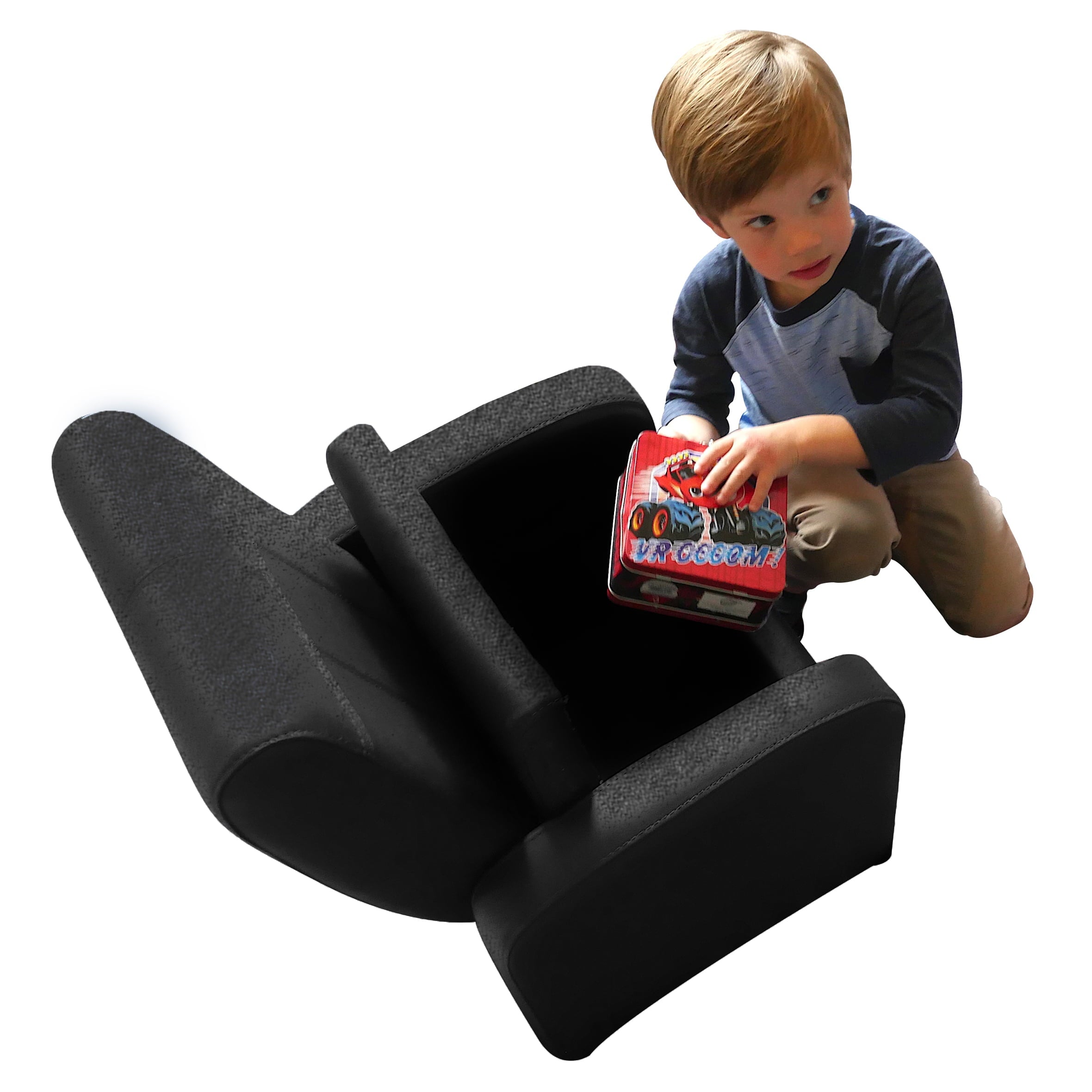 STASH Cute Comfy Kids Recliner Toddler Sofa Chair with Storage Chest for Toys boys girls play-room furniture reading upholstered little mini modern baby children child quality 250lb weight limit black