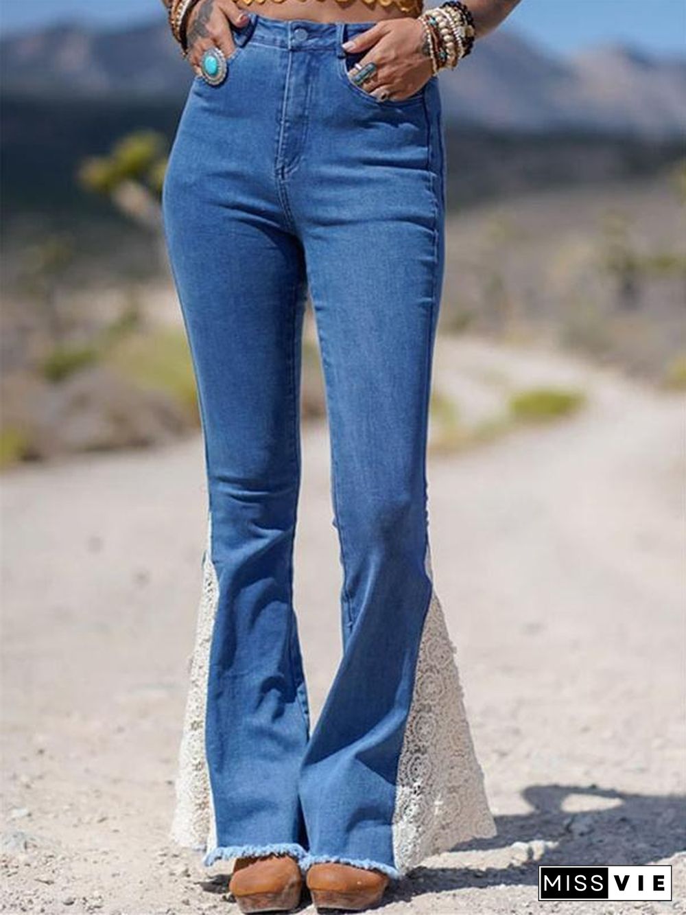 Women Lace Joint Denim Bell-Bottomed Pants