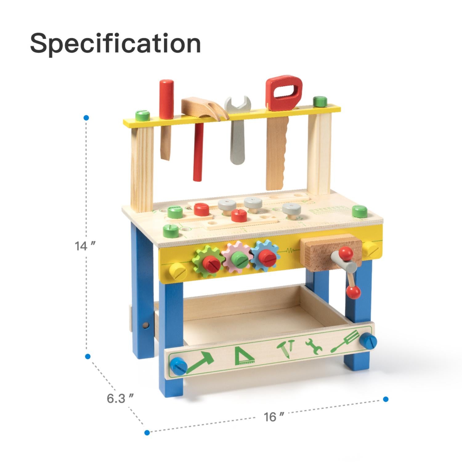 HISTOYE Wooden Kids Pretend Tool Workbench Toy for Livingroom Bedroom Graden Wood Toys with Many Accessories Tool Bench for Kids Toddlers Teenagers Blue 16*6.3*14 Inch