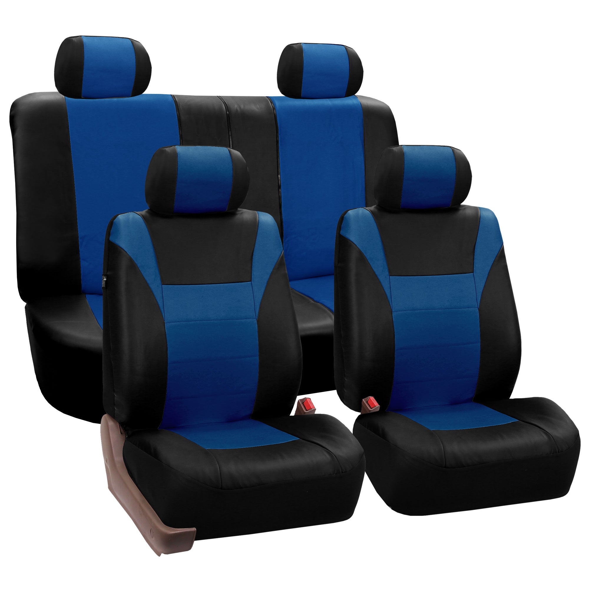 FH Group Blue Black Racing Faux Leather Airbag Compatible Split Bench Car 4 Headrest Seat Covers， Full Set