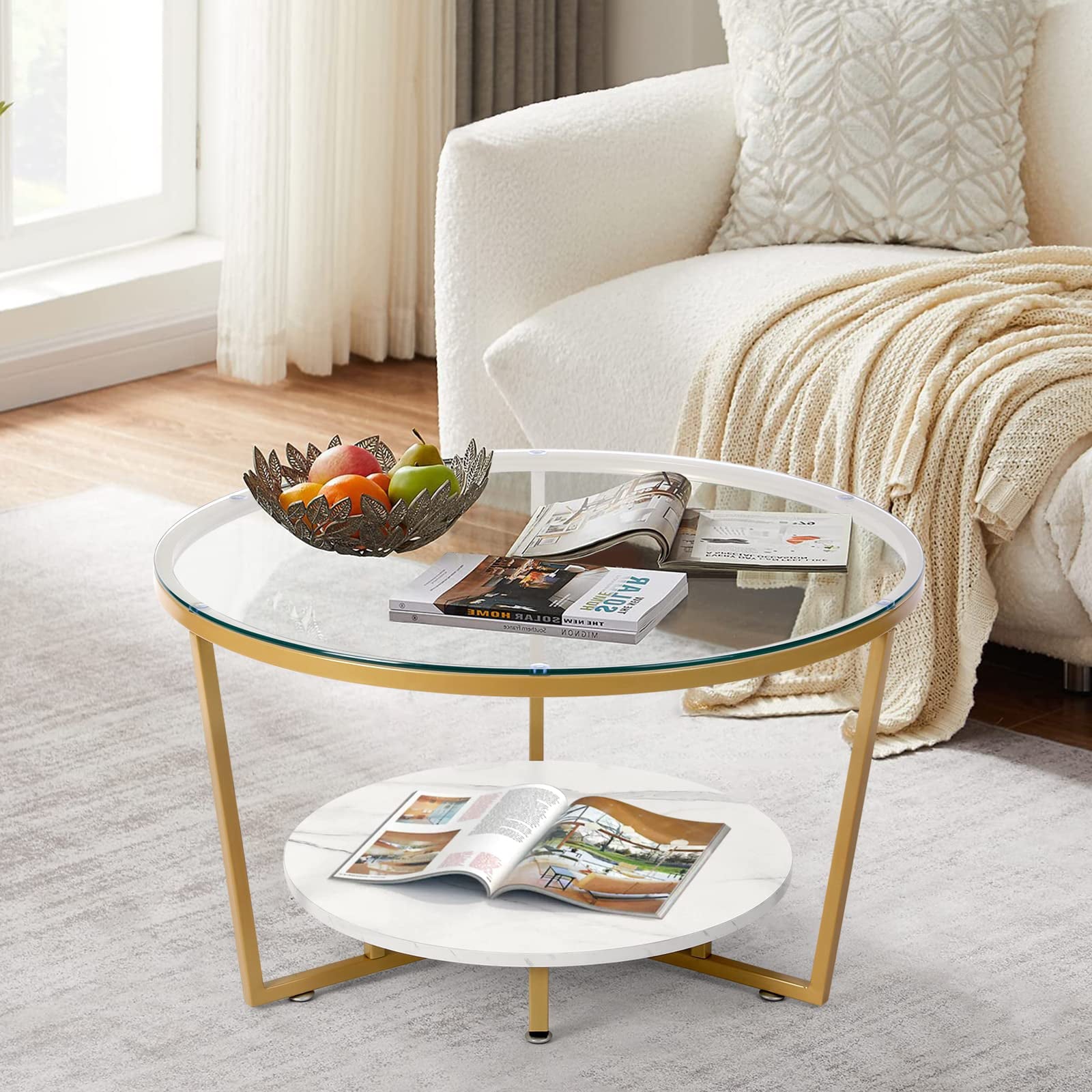 SMOOL Glass Coffee Table Round with Metal Frame Living Room Table with 2-Tier Storage Shelf