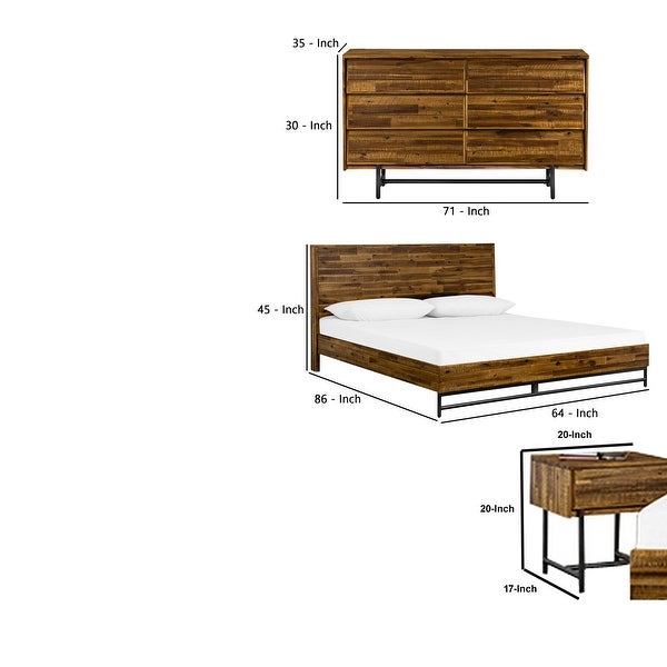 Wooden Queen Size Bedroom Set with 6 Drawer Dresser， Set of 4， Brown and Black - - 33305026