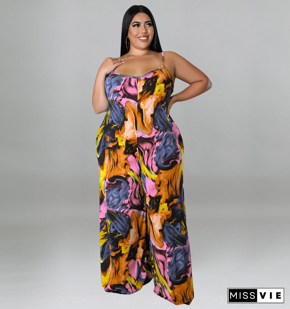 Plus Size Print Wide Leg Jumpsuit with Belt