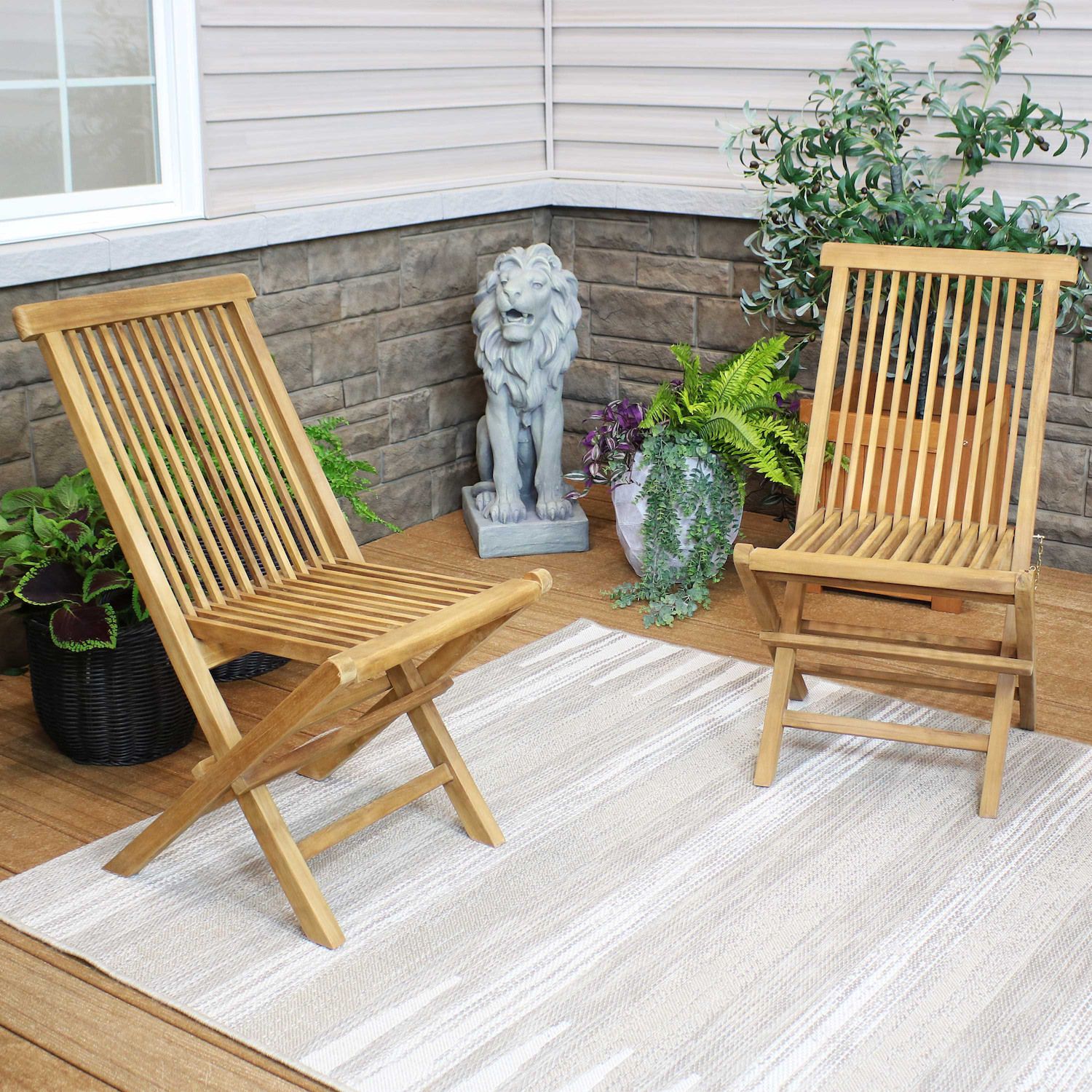 Sunnydaze Hyannis Solid Teak Wood Folding Slat-Back Patio Chair - Set of 2