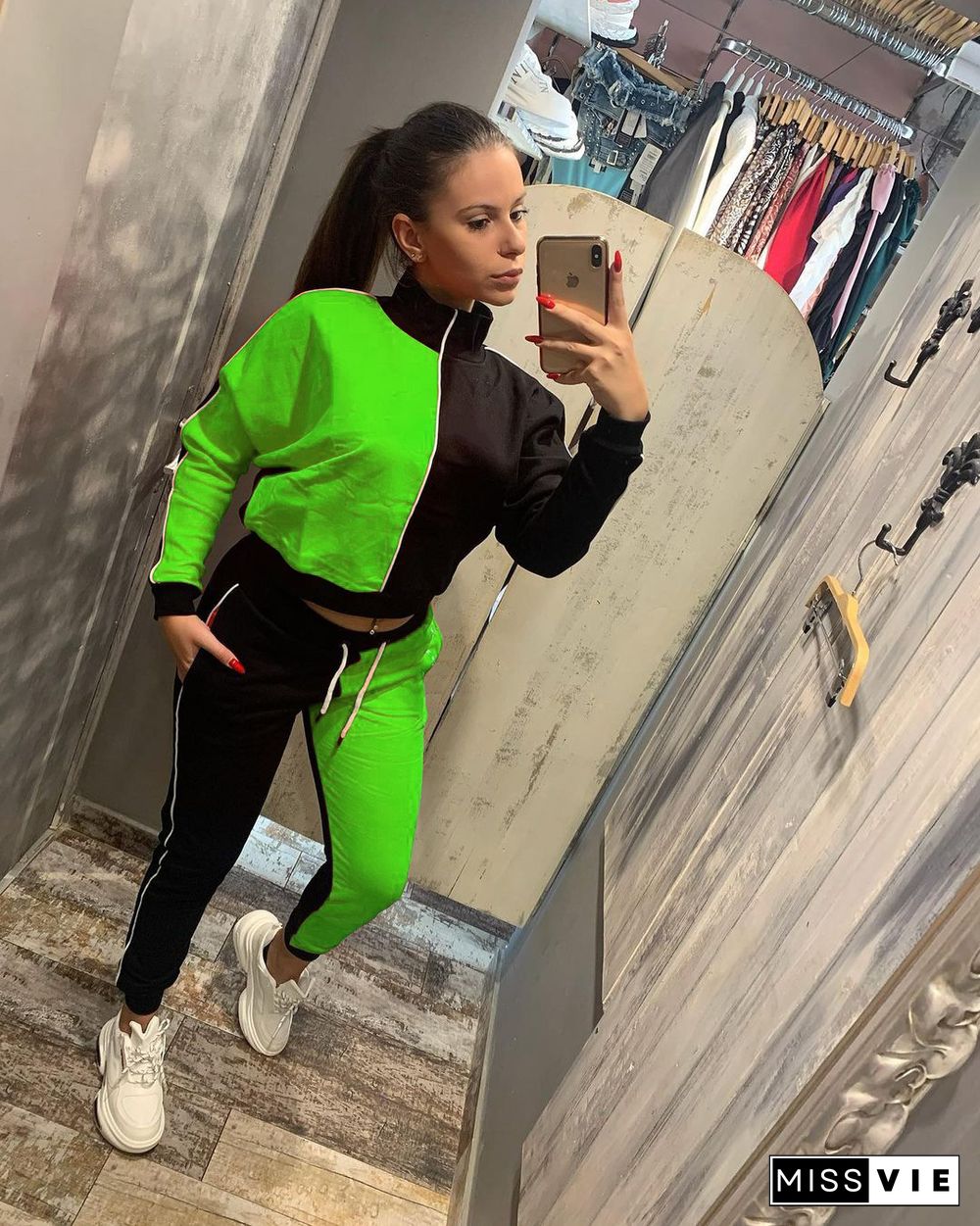 Color Contrast Zip Jacket Sporty Pants Two Piece Set