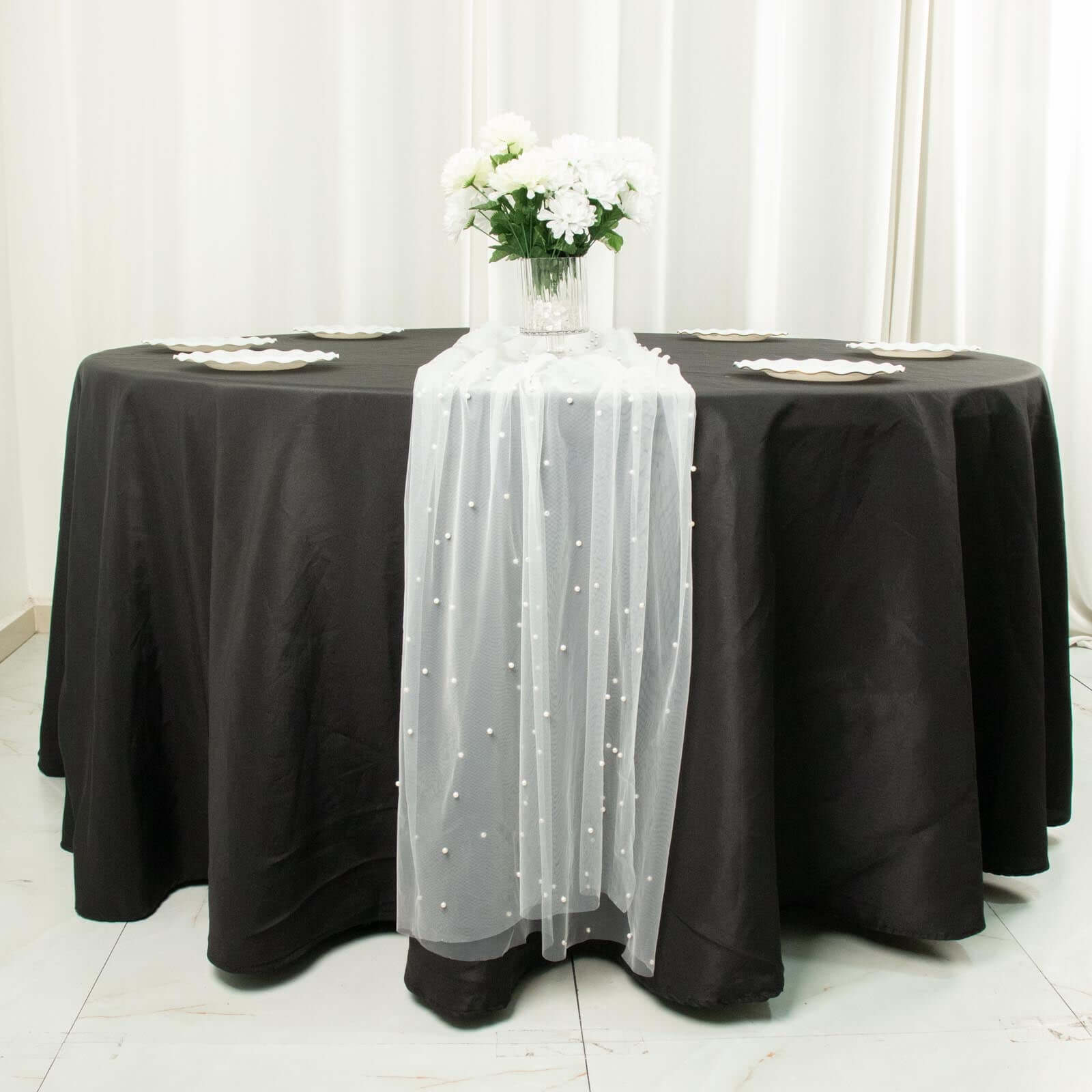 White Pearl Embellished Sheer Tulle Table Runner, Elegant Formal Table Linen 48