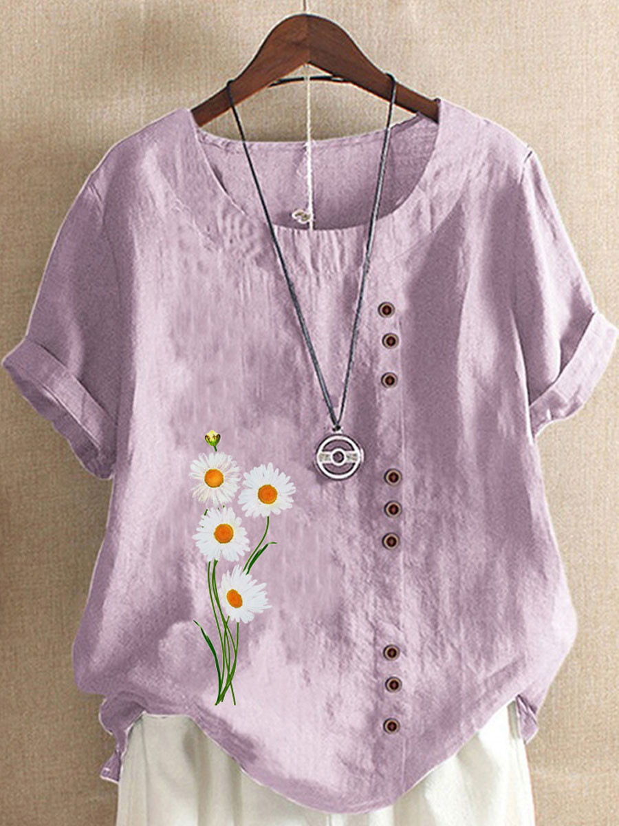 Round Neck Casual Loose Floral Print Short Sleeve Blouse