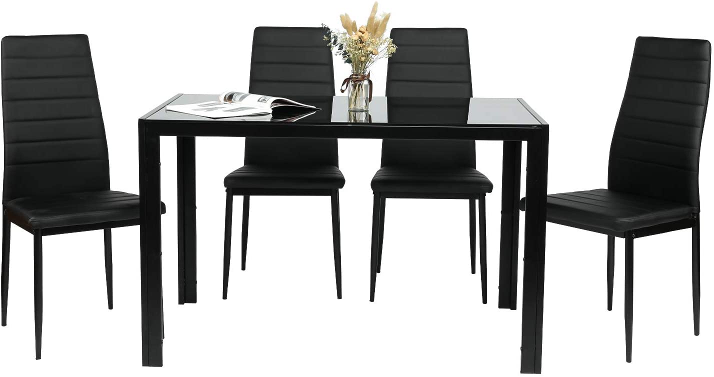 Arlopu 5-Piece Dining Table Set for 4, Tempered Glass Tabletop and 4 Faux Leather Chairs, for Kitchen, Dining Room