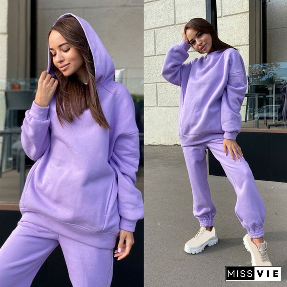 Women Hoodies Two Piece Set Long Sleeve Solid Casual Pocket Sweater Suit Spring Elastic Sport Pants Female Tracksuit