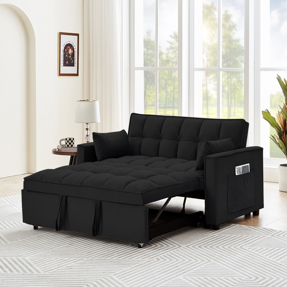 Velvet Upholstered Sofa Bed Convertible Sleeper Sofa Bed with 2 Pillows and Two Side Pockets   for Living Rooms and Apartments