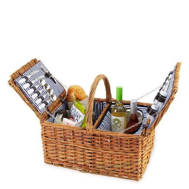 Twine Cape Cod Picnic Basket Wicker Basket With Place Settings Wine Glasses Corkscrew Insulated Compartments Set Of 1 Basket Brown